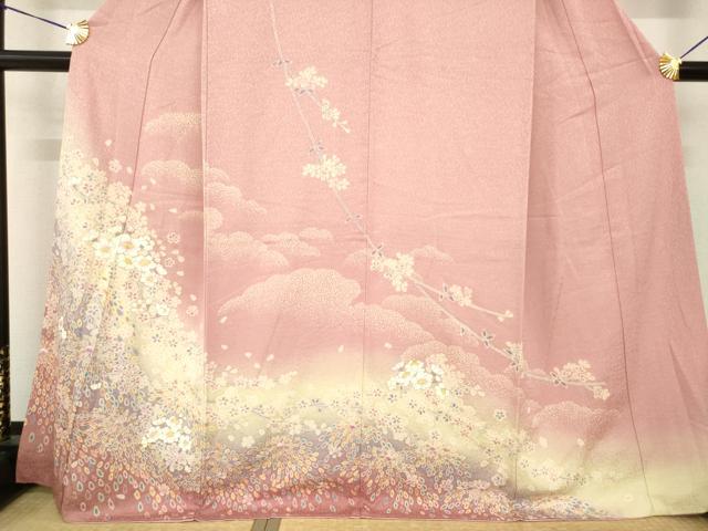 平和屋着物●訪問着 枝花文 暈し染め 金通し地 正絹 逸品 AABF9009ck