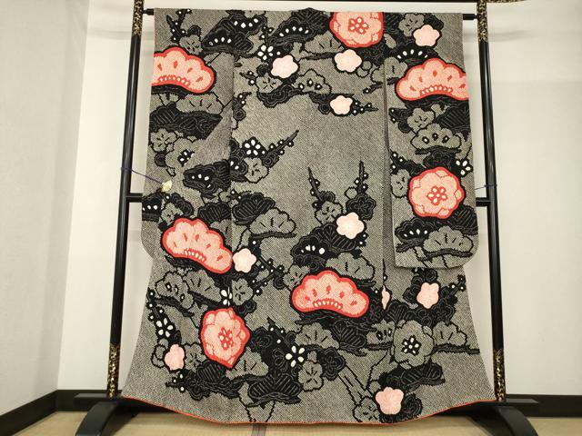 平和屋着物●豪華振袖 総絞り 松 梅 黒地 正絹 逸品 AABF9024ck