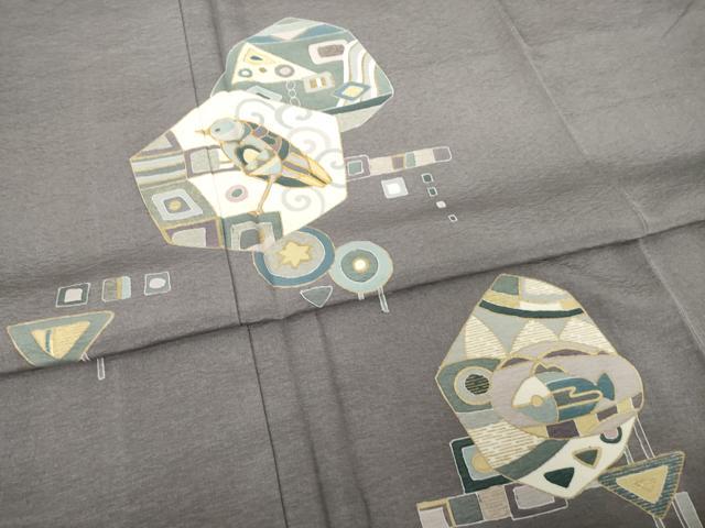 平和屋着物●訪問着 駒刺繍 幾何学文様 鳥 魚 金彩 正絹 逸品 AABF9040ck