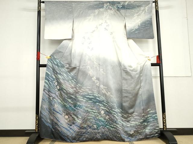 平和屋着物●訪問着 辻が花 絞り 暈し染め 金彩 銀通し地 正絹 逸品 AABF9068cs
