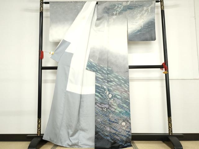 平和屋着物●訪問着 辻が花 絞り 暈し染め 金彩 銀通し地 正絹 逸品 AABF9068cs