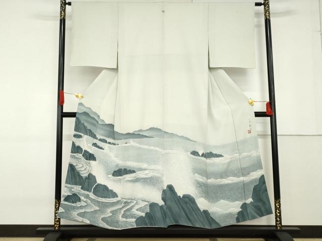 平和屋着物●豪華色留袖 手描き 一乃和作 立波風景文 正絹 逸品 AABF9076cs