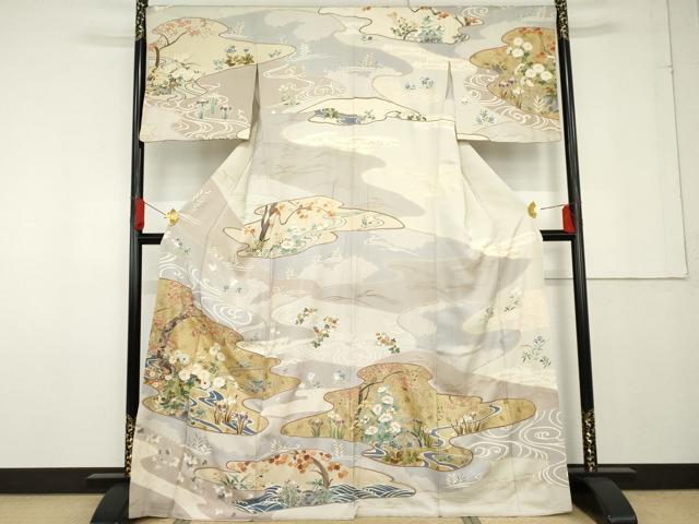 平和屋着物●訪問着 駒刺繍 流水草花文 金彩 正絹 逸品 AABF9097cs