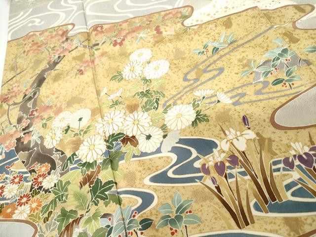 平和屋着物●訪問着 駒刺繍 流水草花文 金彩 正絹 逸品 AABF9097cs