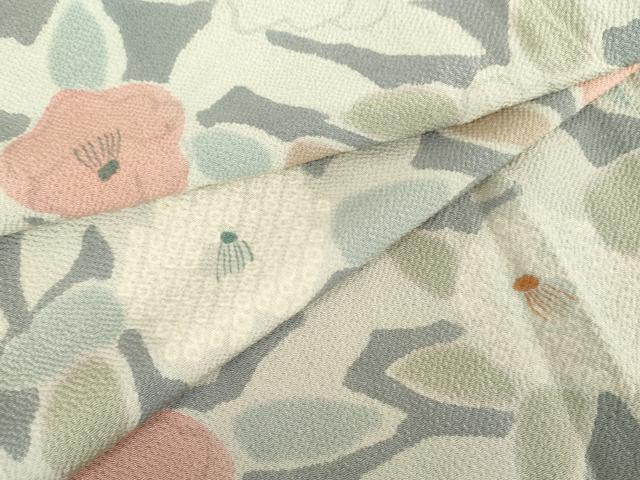 平和屋着物●上質な小紋 椿 草花文 鬼しぼ縮緬 正絹 逸品 AABF9103cs