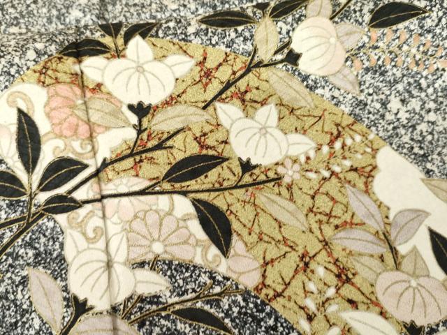 平和屋着物●訪問着 地紙枝花文 たたき染め 黒地 金彩 正絹 逸品 AABF9125cs