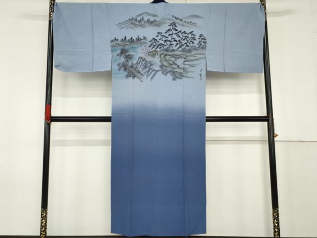 平和屋着物●男性 長襦袢 無双仕立て 手描き 風景松文 暈し染め 正絹 逸品 未使用 AABF9134cs