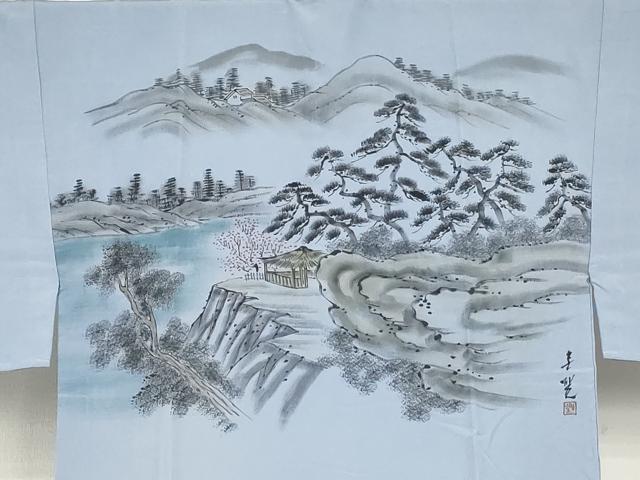 平和屋着物●男性 長襦袢 無双仕立て 手描き 風景松文 暈し染め 正絹 逸品 未使用 AABF9134cs