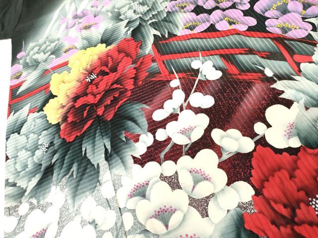 平和屋着物●豪華振袖 手描き こっぽり 古慕里 渡り橋枝花文 暈し染め 黒地 正絹 逸品 AABF9146cs