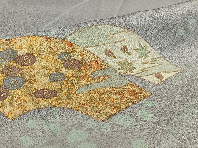 平和屋着物▽訪問着 単衣 地紙花蝶文 暈し染め 金彩 正絹 逸品 AABF9162jh