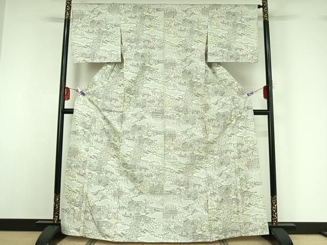 平和屋着物▽上質な紬 単衣 人物風景花文 正絹 逸品 AABF9172jh