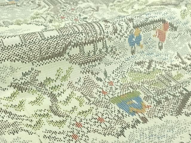 平和屋着物▽上質な紬 単衣 人物風景花文 正絹 逸品 AABF9172jh