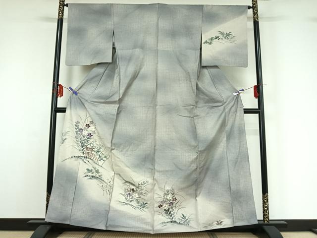 平和屋着物▽訪問着 単衣 紬地 手描き 花籬文 暈し染め 金彩 正絹 逸品 AABF9175jh