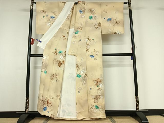 平和屋着物▽上質な小紋 単衣 手描き 枝花文 正絹 逸品 AABF9180jh