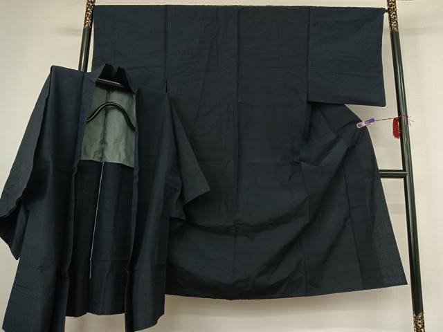 平和屋着物▽男性 紬 単衣 濃藍色 アンサンブル 正絹 逸品 AABF9184jh