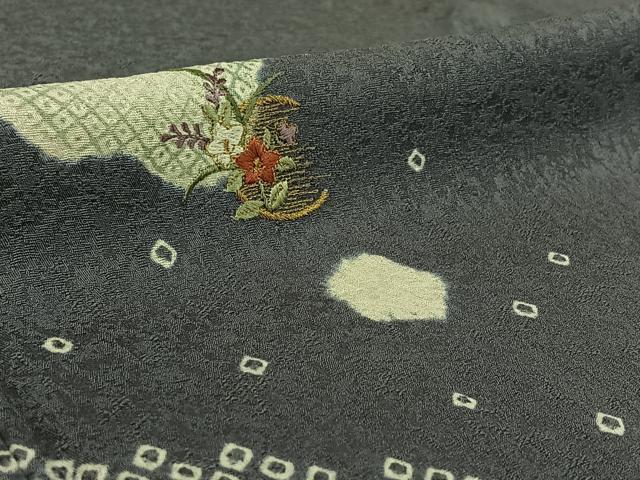 平和屋着物▽訪問着 単衣 絞り 刺繍 芝花文 正絹 逸品 AABF9191jh