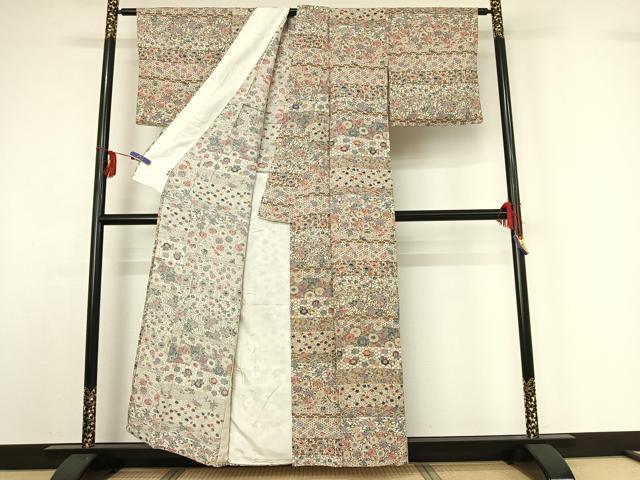 平和屋着物▽上質な紬 単衣 型染め 横段花文 三越扱い 正絹 逸品 AABF9198jh