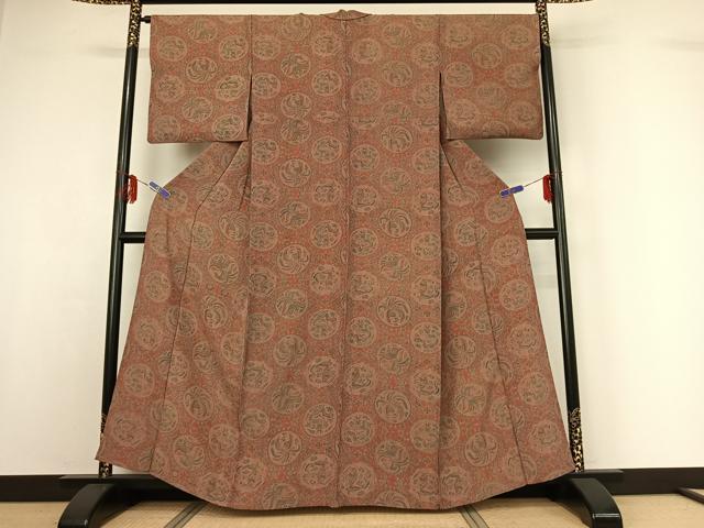 平和屋着物▽上質な小紋 単衣 花鳥丸文 龍 正絹 逸品 AABF9202jh