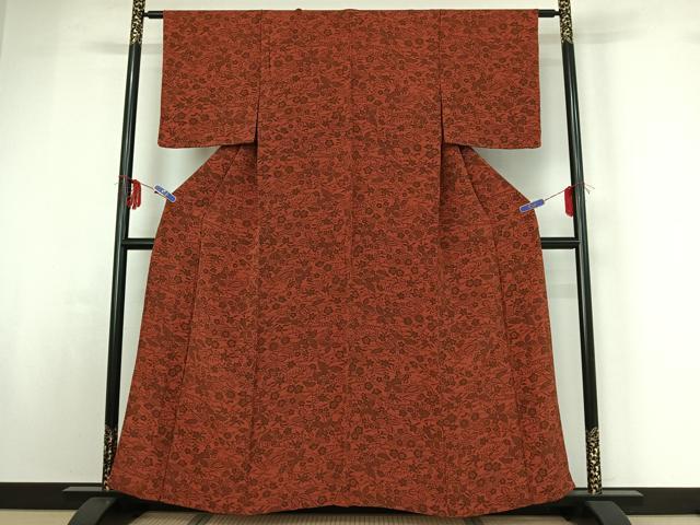 平和屋着物▽上質な小紋 単衣 型染め 草花文 鬼しぼ縮緬 正絹 逸品 AABF9212jh