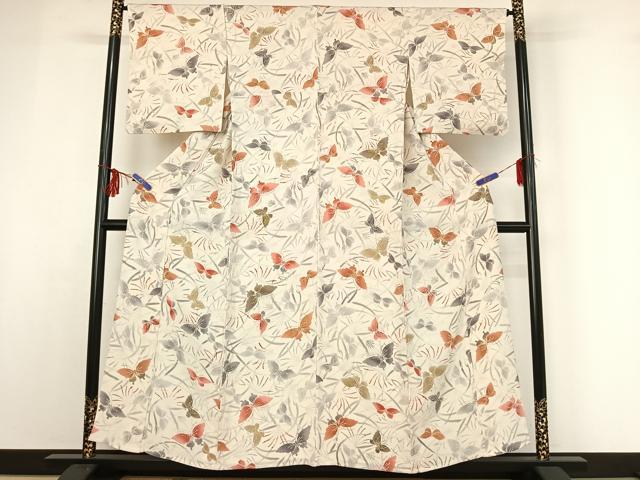 平和屋着物▽上質な小紋 単衣 型染め 花蝶文 暈し染め 金彩 鬼しぼ縮緬 正絹 逸品 AABF9213jh