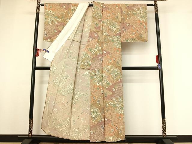 平和屋着物▽上質な小紋 単衣 辻が花 金彩 鬼しぼ縮緬 正絹 逸品 AABF9214jh