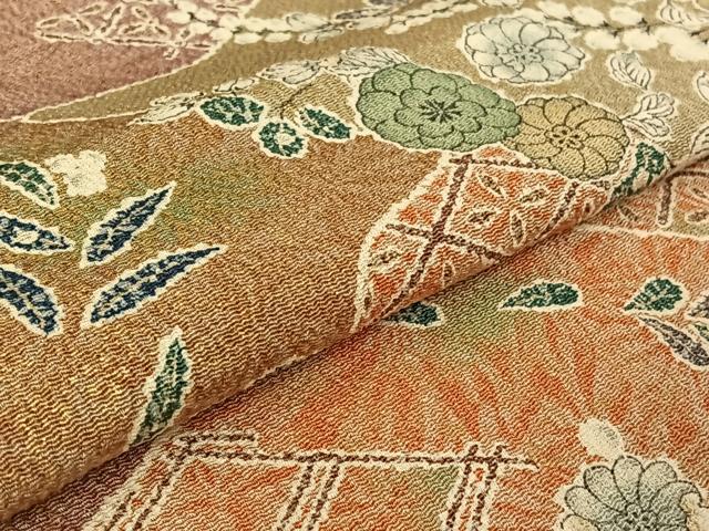 平和屋着物▽上質な小紋 単衣 辻が花 金彩 鬼しぼ縮緬 正絹 逸品 AABF9214jh