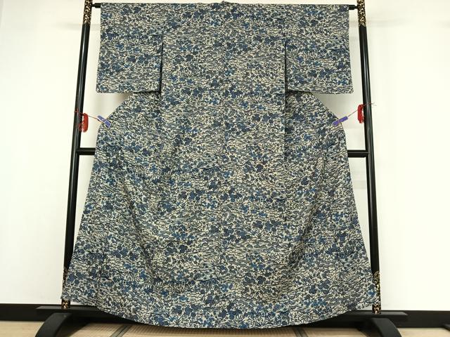 平和屋着物▽上質な小紋 単衣 藍 型染め 草花文 正絹 逸品 AABF9217jh