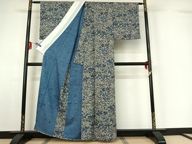 平和屋着物▽上質な小紋 単衣 藍 型染め 草花文 正絹 逸品 AABF9217jh
