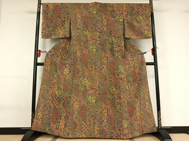 平和屋着物▽上質な小紋 単衣 切嵌更紗花文 正絹 逸品 AABF9231jh