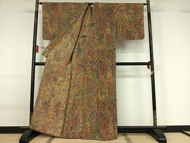 平和屋着物▽上質な小紋 単衣 切嵌更紗花文 正絹 逸品 AABF9231jh
