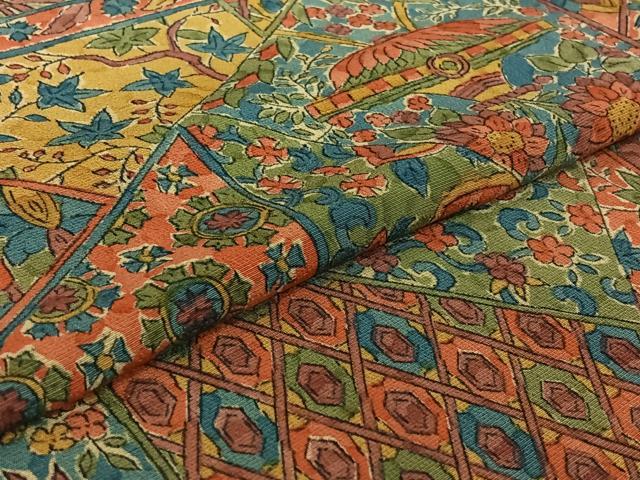 平和屋着物▽上質な小紋 単衣 切嵌更紗花文 正絹 逸品 AABF9231jh