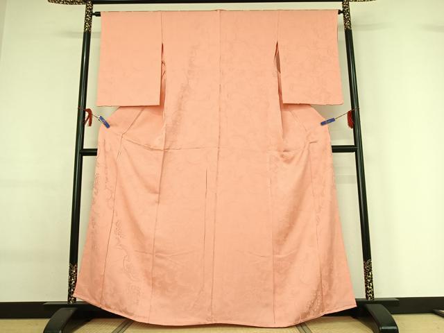 平和屋着物▽上質な色無地 単衣 花唐草地紋 珊瑚色 正絹 逸品 AABF9236jh