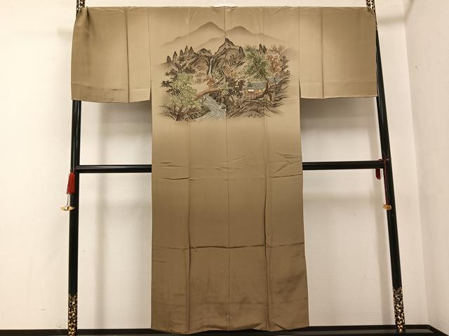 平和屋着物●男性 長襦袢 袷 渡り橋風景樹林文 金彩 正絹 逸品 AABF9522ph
