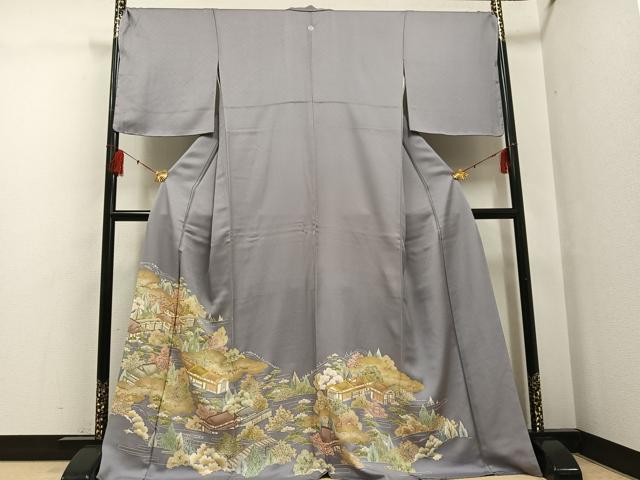 平和屋着物●豪華色留袖 友禅 駒刺繍 風景樹林文 金彩 正絹 逸品 AABF9554ph