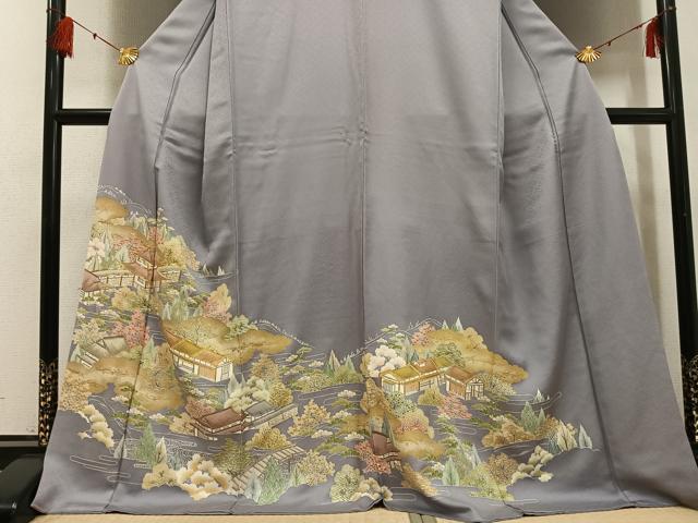 平和屋着物●豪華色留袖 友禅 駒刺繍 風景樹林文 金彩 正絹 逸品 AABF9554ph