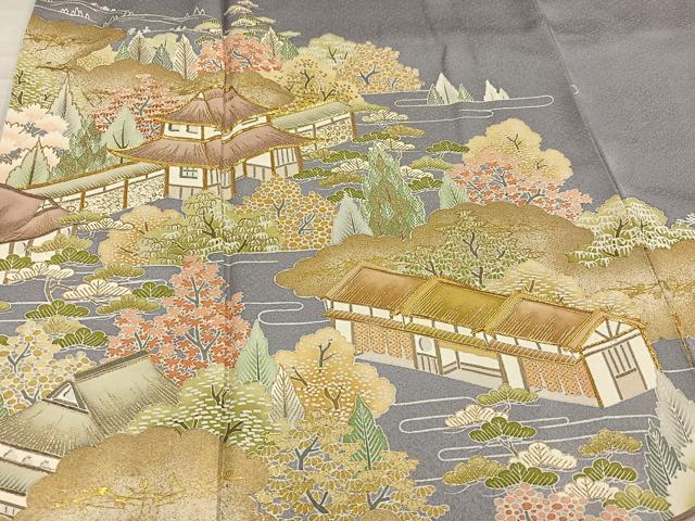 平和屋着物●豪華色留袖 友禅 駒刺繍 風景樹林文 金彩 正絹 逸品 AABF9554ph
