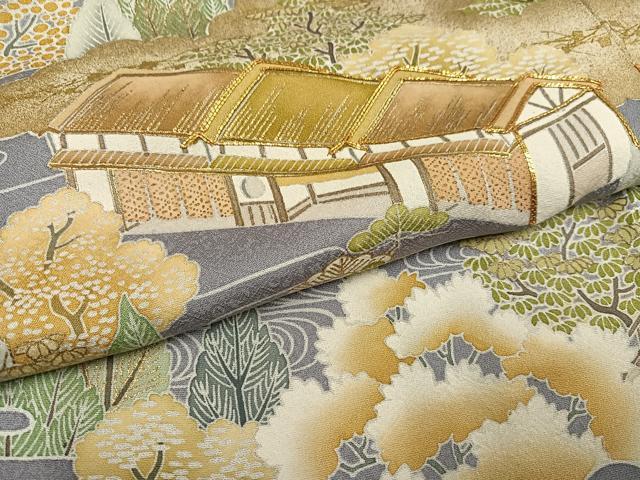 平和屋着物●豪華色留袖 友禅 駒刺繍 風景樹林文 金彩 正絹 逸品 AABF9554ph
