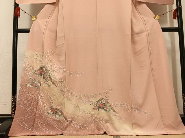 平和屋着物●訪問着 友禅 絞り 片輪車花文 暈し染め 金彩 正絹 逸品 AABF9559ph