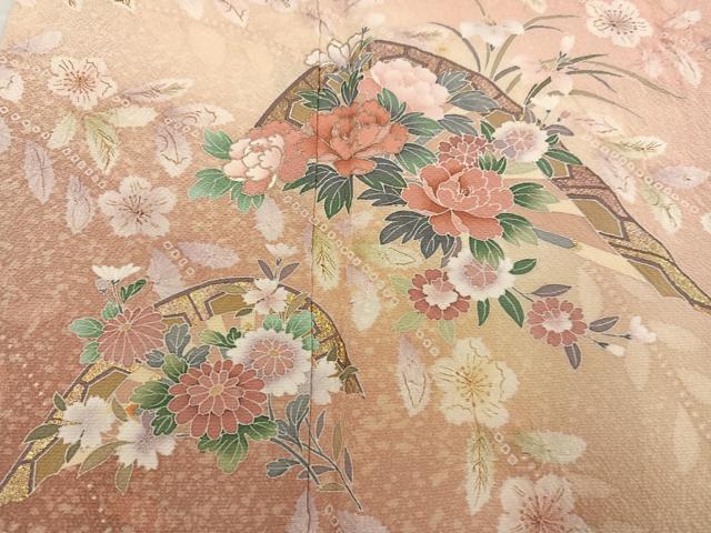 平和屋着物●訪問着 友禅 絞り 片輪車花文 暈し染め 金彩 正絹 逸品 AABF9559ph