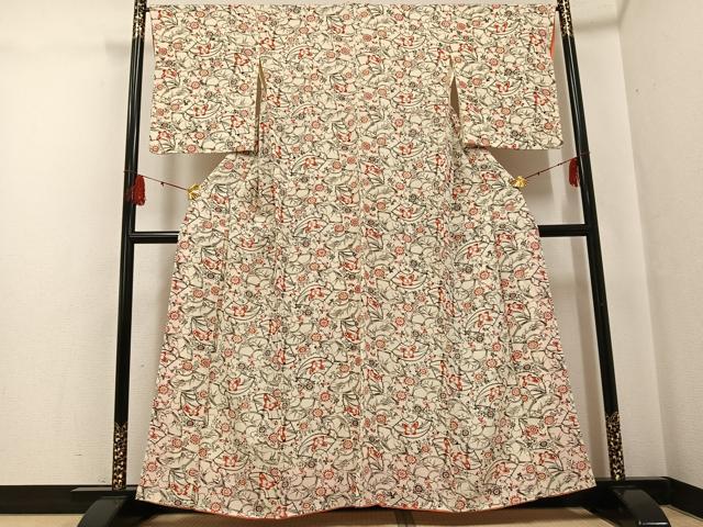 平和屋着物●上質な小紋 型染め 地紙花蝶文 鬼しぼ縮緬 正絹 逸品 AABF9599ph