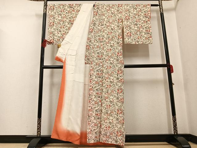 平和屋着物●上質な小紋 型染め 地紙花蝶文 鬼しぼ縮緬 正絹 逸品 AABF9599ph