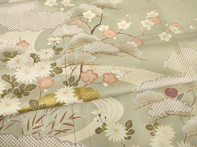 平和屋着物●訪問着 友禅 駒刺繍 松竹梅吉祥風景文 正絹 逸品 AABF9648ck