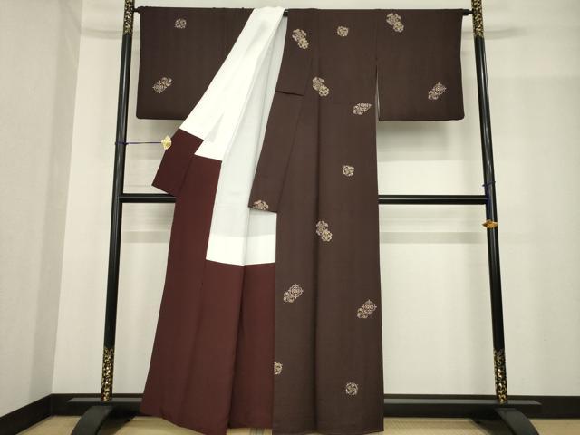 平和屋着物●印傳 小紋 飾花文 烏羽色地 正絹 逸品 AABF9661ck