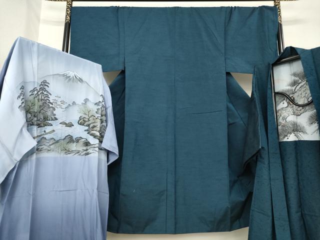 平和屋着物●男性 紬 アンサンブル 長襦袢(袷)セット 鉄納戸色 三越扱い 正絹 逸品 AABF9672ck