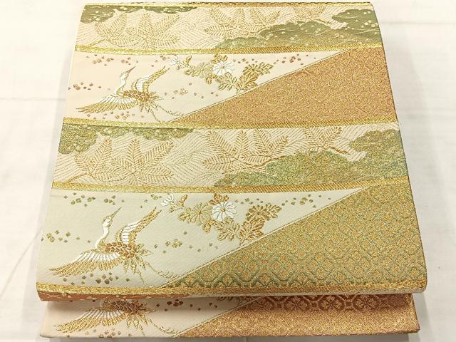 平和屋着物◎六通柄袋帯 唐織 横段飛鶴松文 金糸 正絹 逸品 AABF9691uk