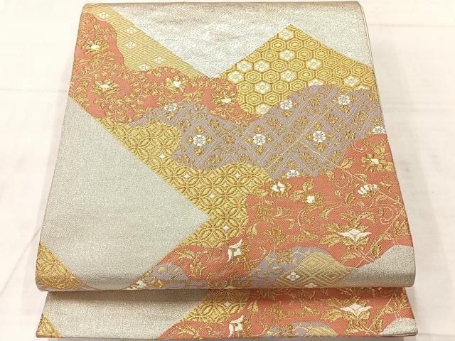 平和屋着物◎六通柄袋帯 吉祥花文 金銀糸 正絹 逸品 AABF9701uk