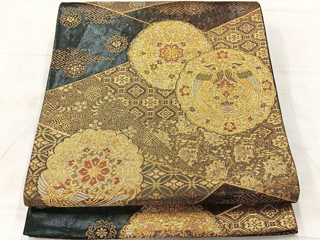 平和屋着物◎六通柄袋帯 唐織 花絵皿文 金糸 正絹 逸品 AABF9715uk