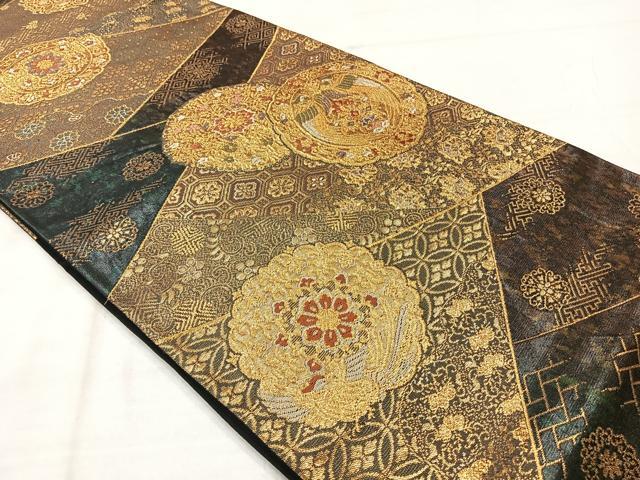 平和屋着物◎六通柄袋帯 唐織 花絵皿文 金糸 正絹 逸品 AABF9715uk