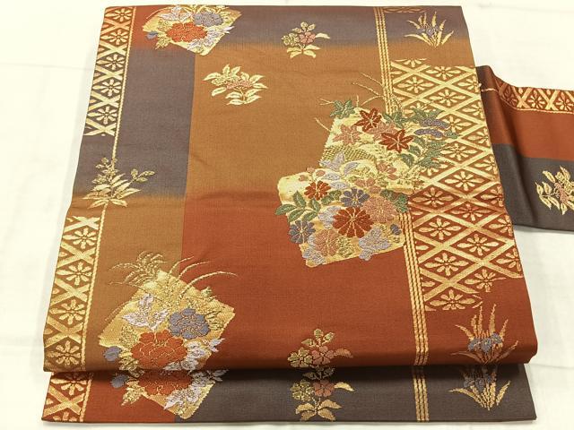 平和屋着物◎九寸名古屋帯 唐織 色紙花文 金糸 正絹 逸品 AABF9725uk