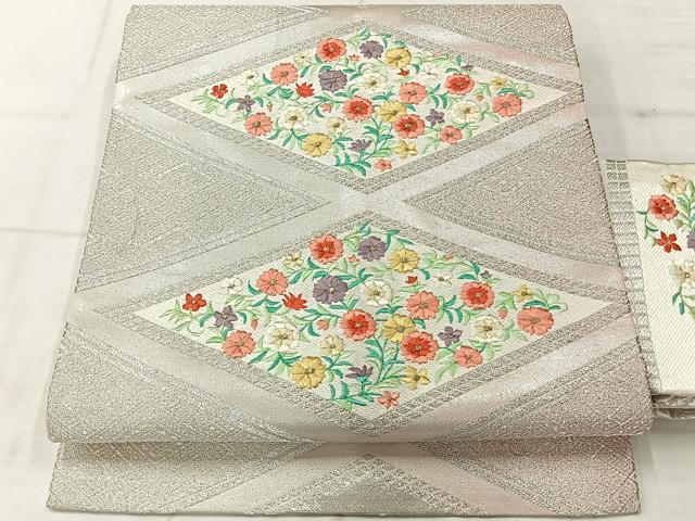 平和屋着物◎九寸名古屋帯 刺繍 花菱文 銀糸 正絹 逸品 AABF9762uk